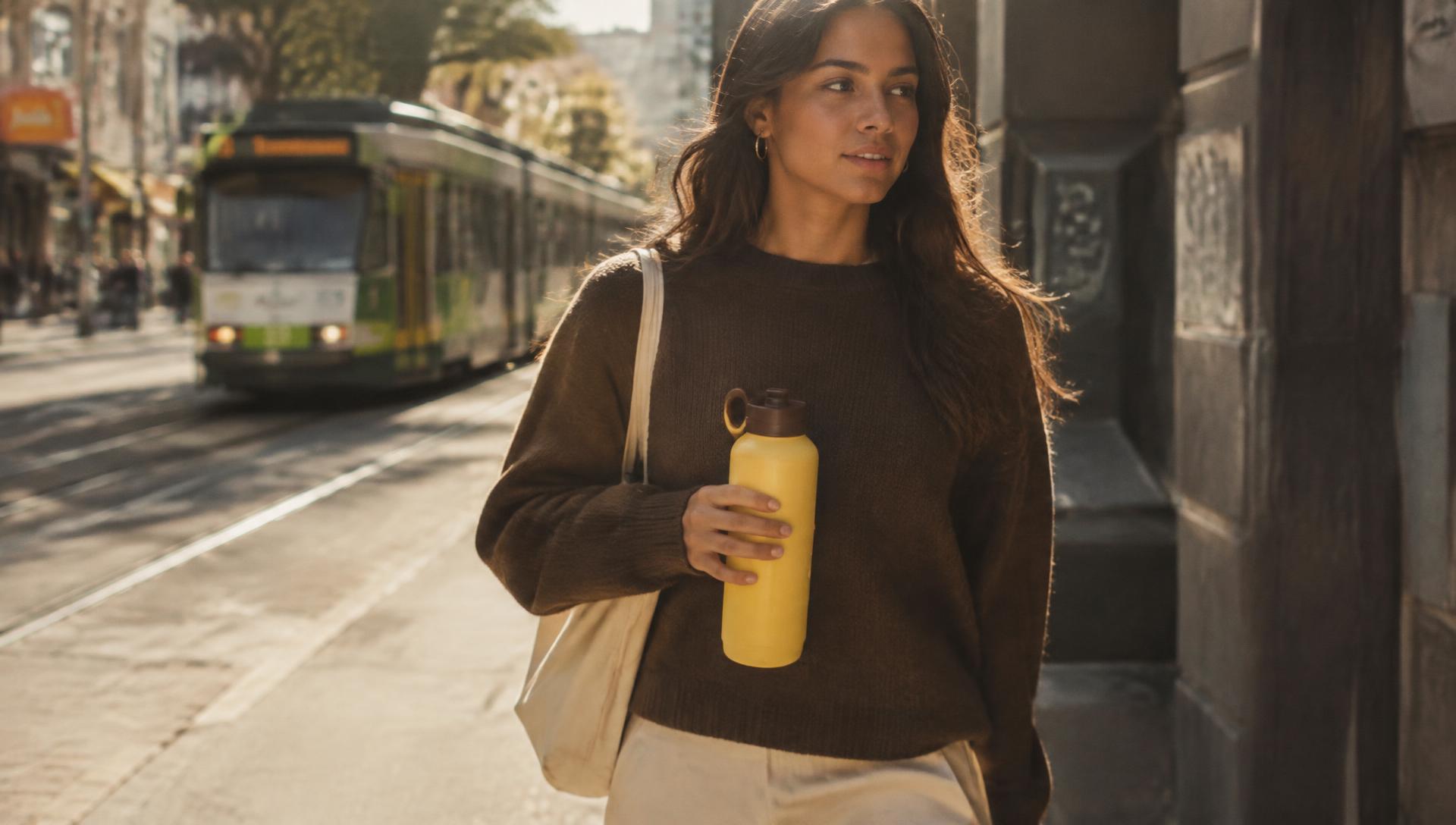 Walking through a Melbourne street with a golden Nudge + Loop bottle
